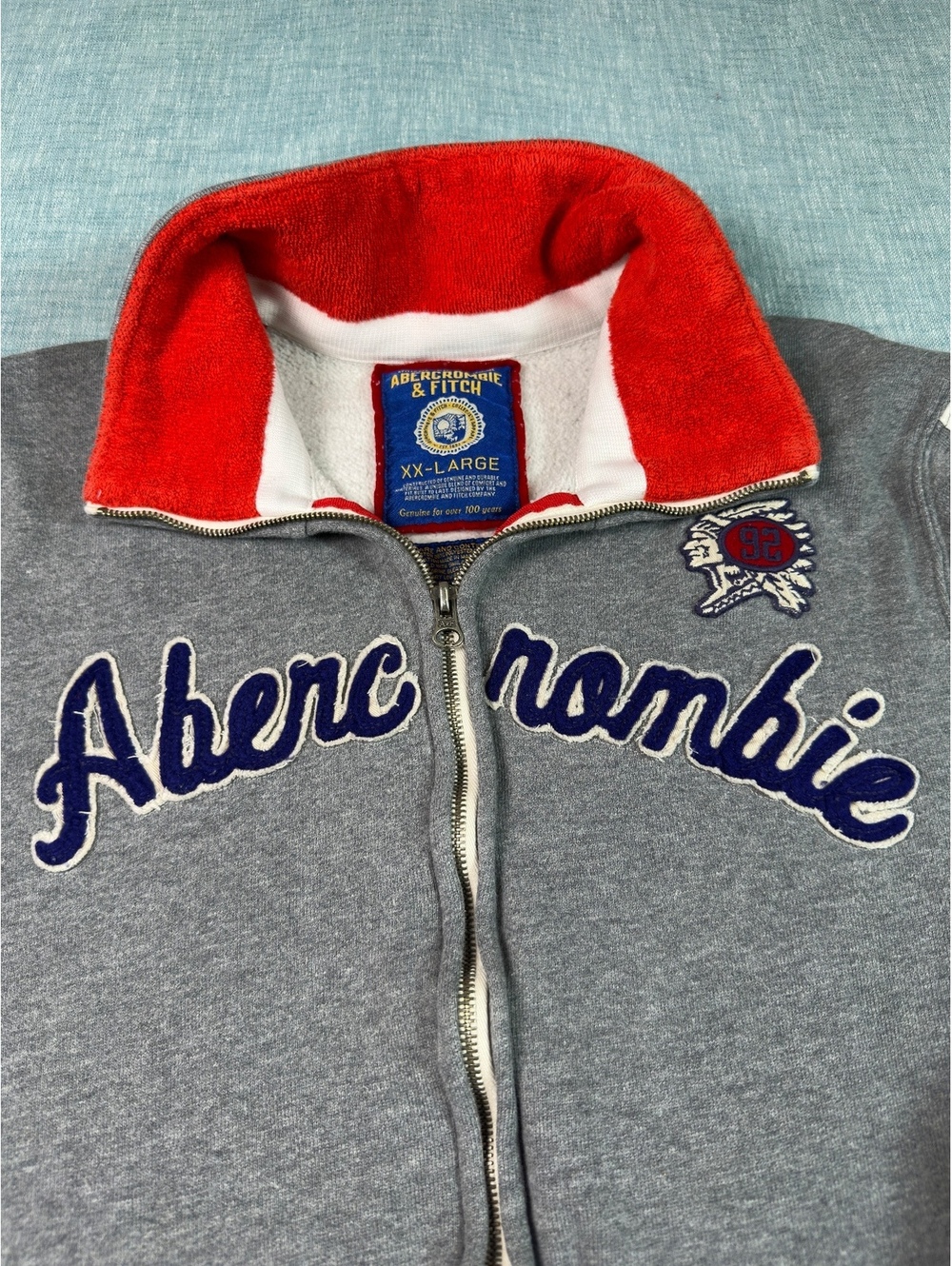 VTG Abercrombie & Fitch Mens Sz XXL Grey Red Zip 92 Indian Head Logo Y2K Jacket